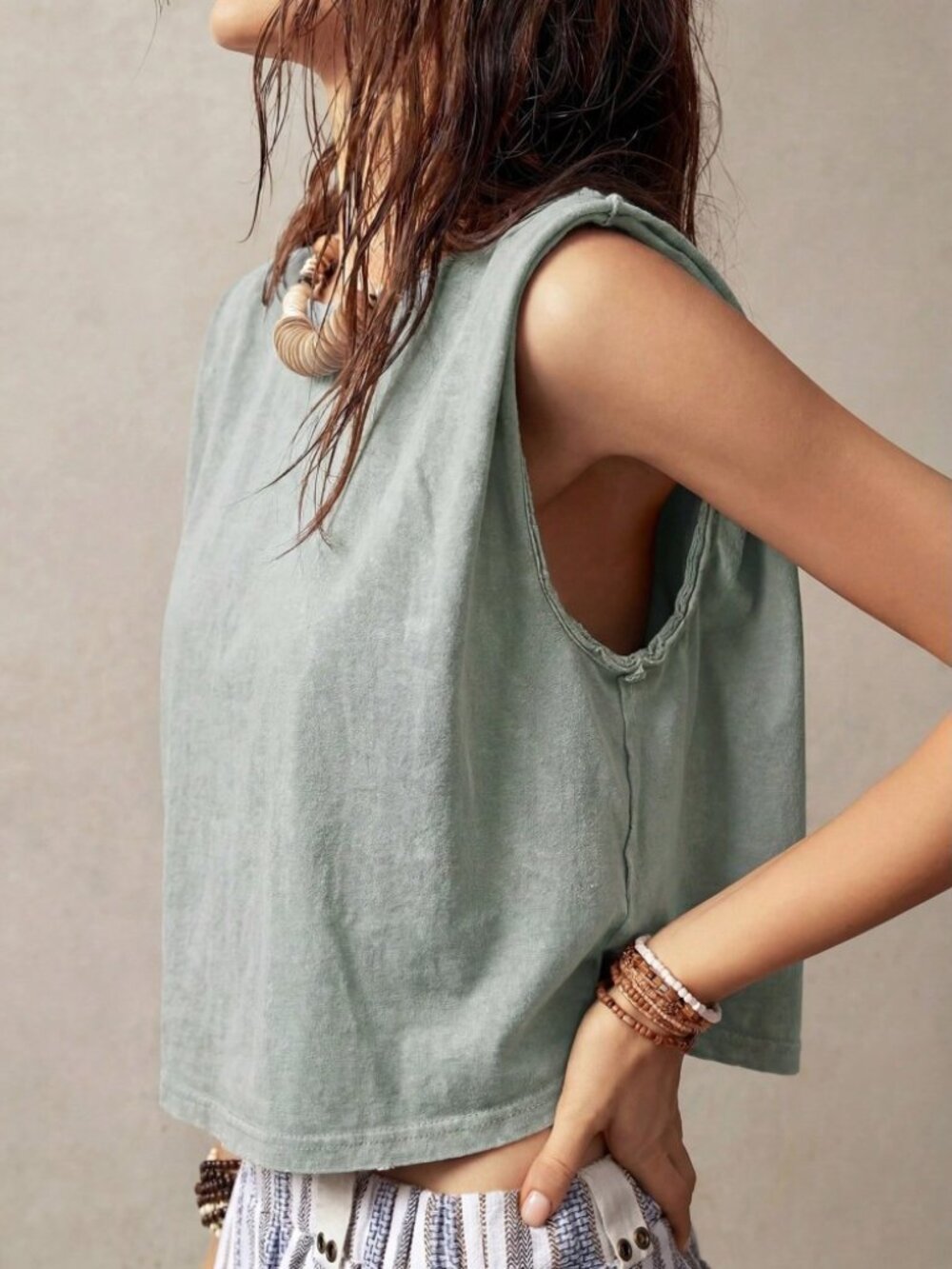 Sage Green Cropped Tank Top - Loose Fit Cotton